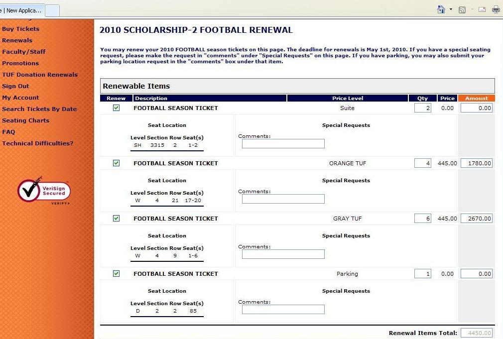Step 5 -Let s Renew & Order! At the top of the screen you will see all season tickets that the customer is eligible to renew/order. The Renew boxes should already have a green check mark in them.