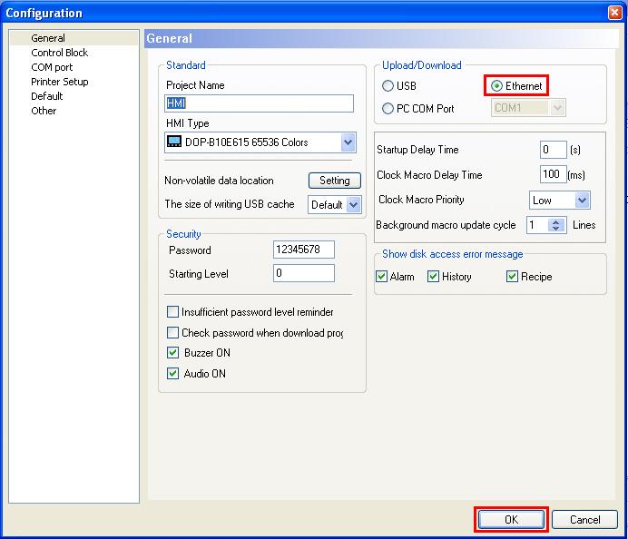 Appendix B Upload / Download via Ethernet In Configuration dialog box, change the default setting