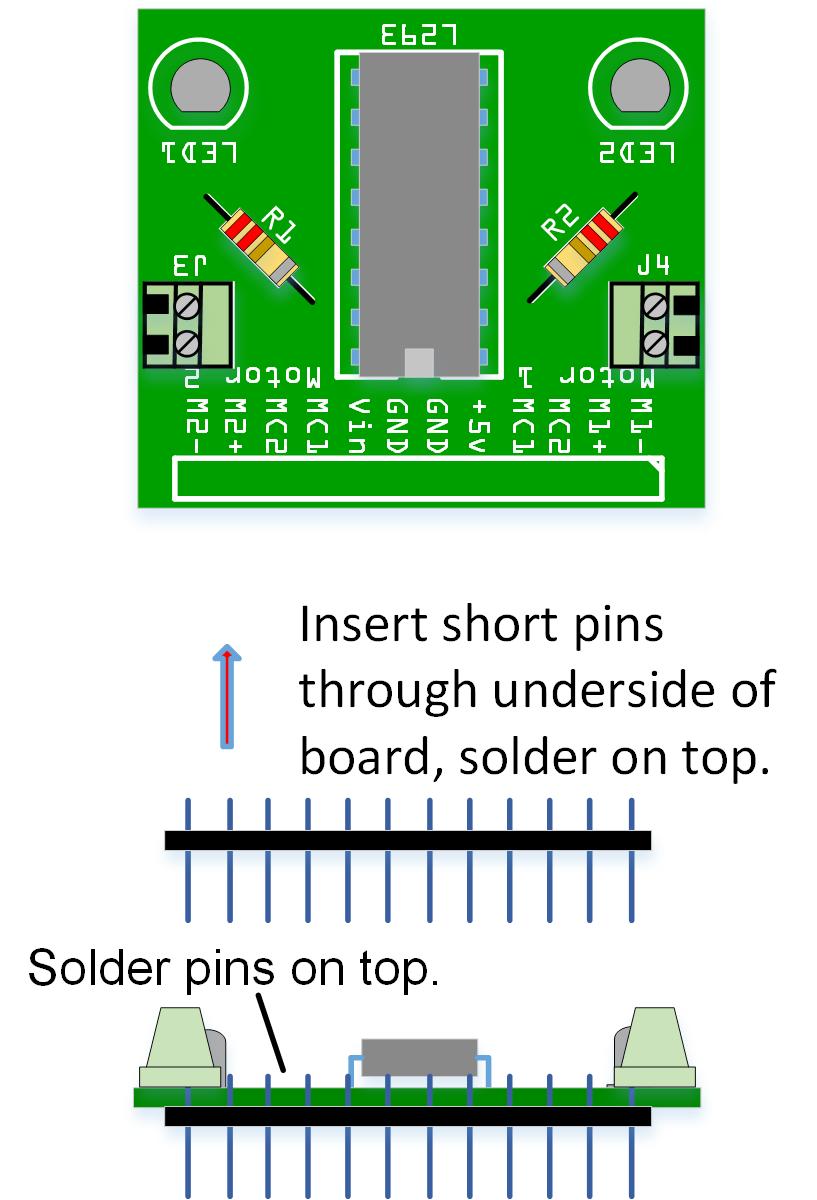6. Insert the male header through the bottom of the circuit board and solder on the top.