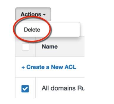 Universal Access Control Lists Overview Creating a New ACL Deleting ACLs 2) Click the Actions dropdown and then select Delete. Alternately, you can: 1) Click a single ACL from the ACL dashboard.