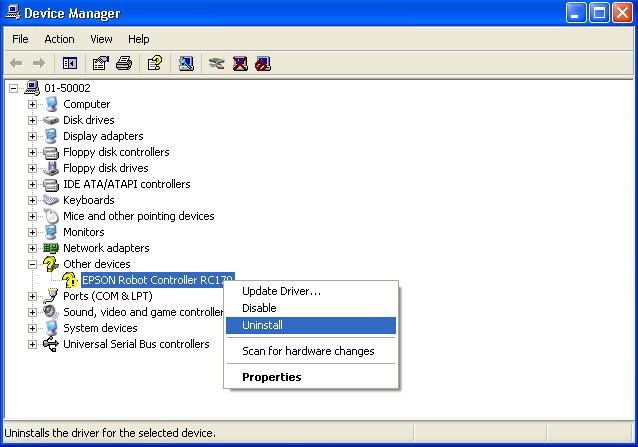 device manager as shown in the following dialog, delete EPSON Robot Controller RC170 from the device manager and connect the USB cable again to