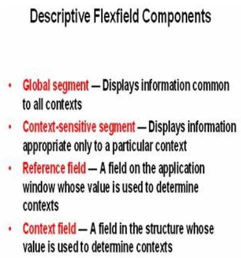 QUESTION 39 Identify two descriptive flexfield components whose values are used to determine contexts. (Choose two.) A. Context field B. Global segment C. The Reference field D.
