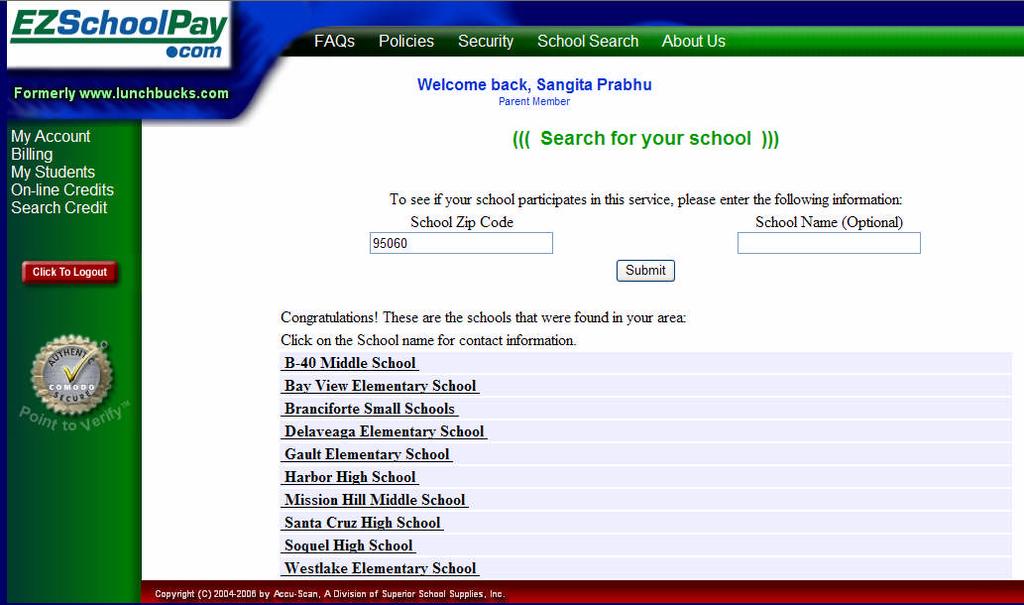 If you specified the name of the school, then only schools matching that search will be shown. Figure 29 Click on the school name to view its contact information.