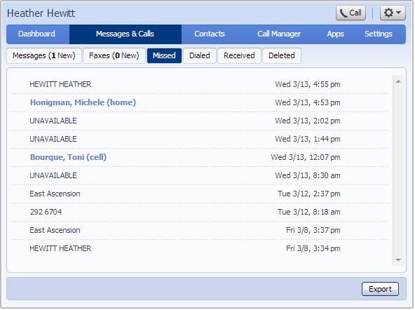 Figure 17: Messages & Calls Missed tab If a caller is in your Contacts list, then their name will be shown instead of their number, along with an icon or word indicating which of that Contact's