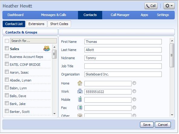 Figure 224: Completed new contact form Enter any phone numbers for your contact in the text boxes provided.