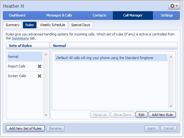 Figure 34: Incoming Call Manager Rules tab To modify how your "Normal" calls will be handled with no rules defined or when an inbound call does not match a rule, click on the "Normal Calls Rule on