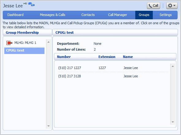 Figure 44: Groups Call Pickup Groups The following information is shown: The Department this Call Pickup Group is in, if any. If your business does not use Departments, then this will say None.