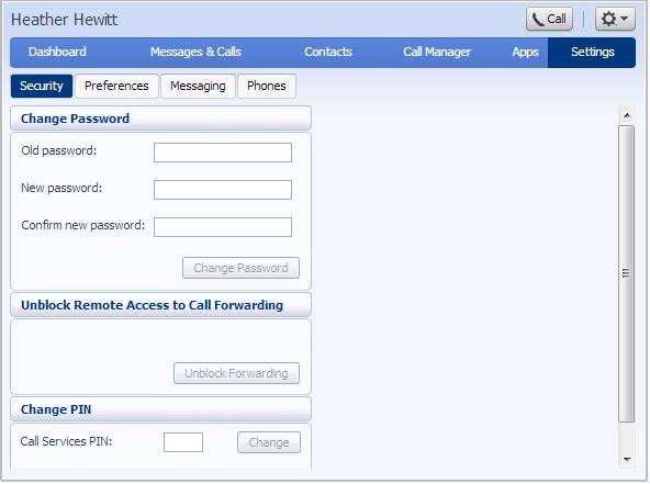 9 Settings The Settings page consists of a series of tabs allowing you to configure the phone system: Figure 46: CommPortal Settings page 9.1 Security Security lets you change your passwords and PINs.
