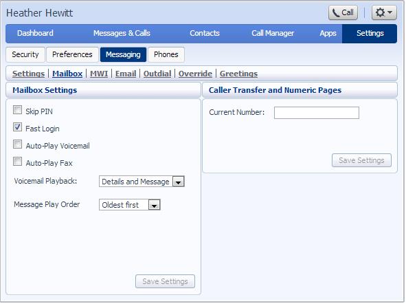 Figure 66: Messaging Mailbox tab Mailbox Settings To configure your mailbox so that it does not require you to enter a PIN when you collect your messages, follow these steps: 1. Check Skip PIN. 2.