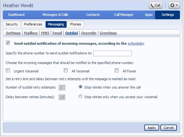 9.5.5 Outdial Outdial allows you to send outdial notification of incoming messages according to schedule settings