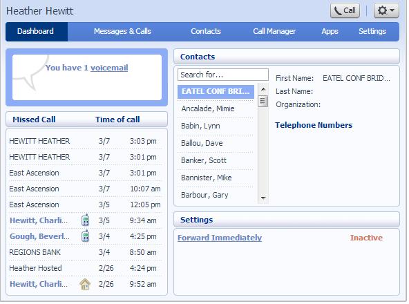 Figure 2: CommPortal Dashboard Along the top of the window are a series of tabs which you can select to take you to the different pages within CommPortal. Dashboard. This is the at- a- glance summary you see when you first log into CommPortal.
