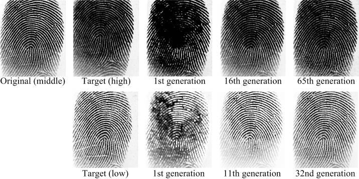 1110 U.-K. Cho, J.-H. Hong and S.-B. Cho Fig. 3. Fitness through evolution (left: high pressure, right: low pressure) Fig. 4. Fingerprints produced by the proposed method Table 3.