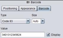 Creating a Badge Model 12 The Barcode tab will be used to modify the barcode information. The Type of code can be selected from the pop-up menu. The Size defines its proportion.