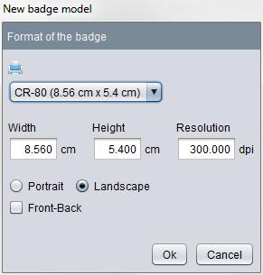 set on credit card format (CR 80) and badge printing in portrait layout. Configure the badge model according to your requirements.