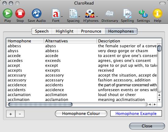 Homophone Settings From the above screen you can alter the list of homophones used in ClaroRead. Add Click on the + button to add a new homophone entry.