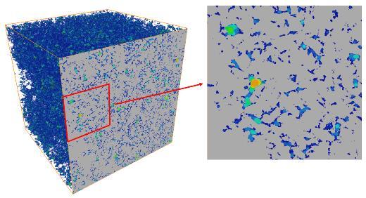a b Figure 3: Sandstone core mini-plug (Ø8 mm) with composition: silica 62%, feldspar 20%, clays 18%; porosity 27.8%, permeability by air 407 md. a) 3D local thickness distribution of pore space.
