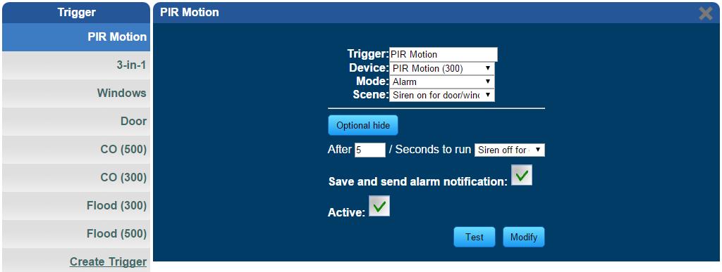 After entering the time selected for the scene to trigger, tick Save and send alarm notification. Tick Active to enable this trigger. 3.