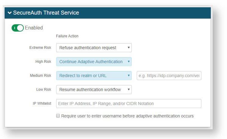 The adaptive authentication that occurs is determined by the Adaptive Authentication page on the SecureAuth IdP Web Admin Console, like this example: FIGURE 9. IP Reputation/Threat Data Page (9.