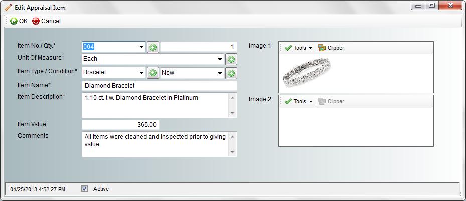 This form is a one-to-many format, which means for each (one) appraisal there can be many pieces of jewelry documented on it. Click New on the top toolbar to create a new appraisal.