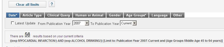 For our example we have used the Age Group limit middle age and the Date Limit for articles published from 2007 to 2013