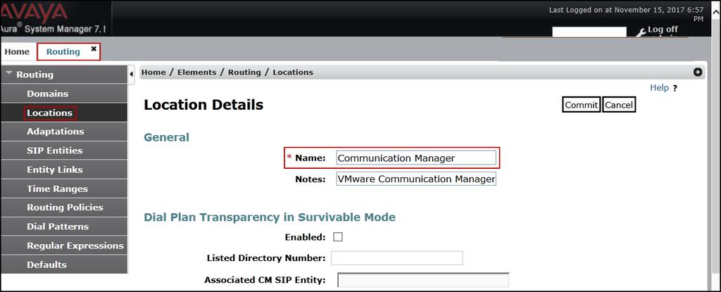 The following screen shows the location details for the location named Session Manager. Later, this location will be assigned to the SIP Entity corresponding to Session Manager.