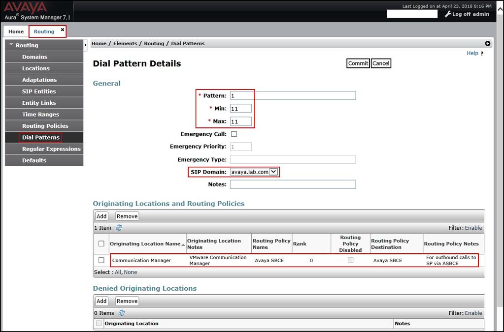 The example in this screen shows the 11-digit dialed numbers for outbound calls, beginning with 1, arriving from the Communication Manager location, will use route policy Avaya SBCE, which sends the