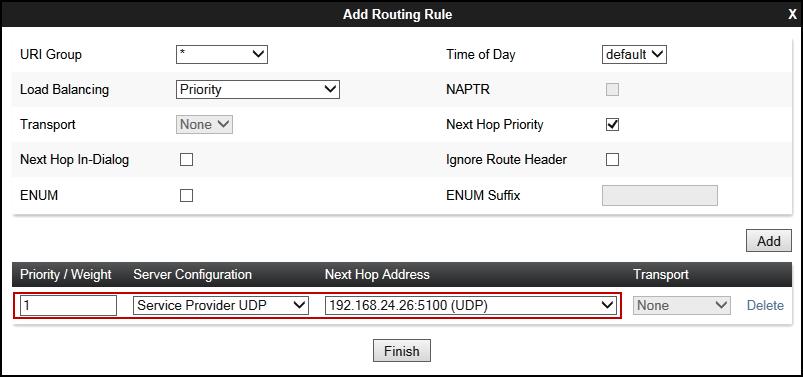 On the Routing Profile tab, click the Add button to enter the next-hop address. Under Priority/Weight enter 1.