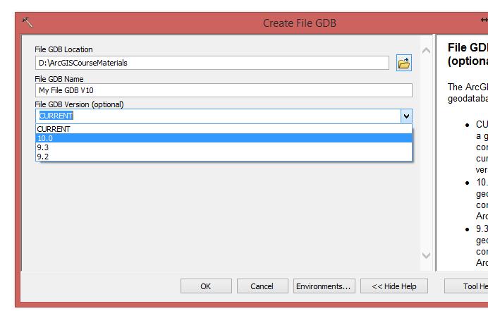 2. Specify the folder location where you want the file geodatabase created. 3. Type a name (My File GDB V10) for the geodatabase. 4.