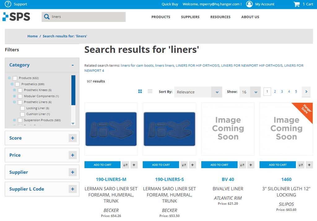 Narrow your search with filters Filters help narrow down your search results. In this example, I searched for liners. I want to find Prosthetic Liners.