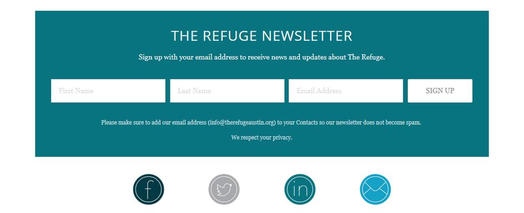 Both the newsletter signup form and social media links are exclusively placed in the middle of the homepage.