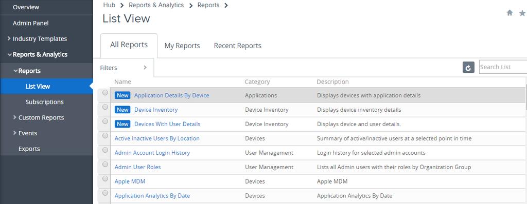 Chapter 2: AirWatch Reports AirWatch offers three new reports: Application Details By Device Device Inventory Devices with User Details The following table shows the available columns for each of