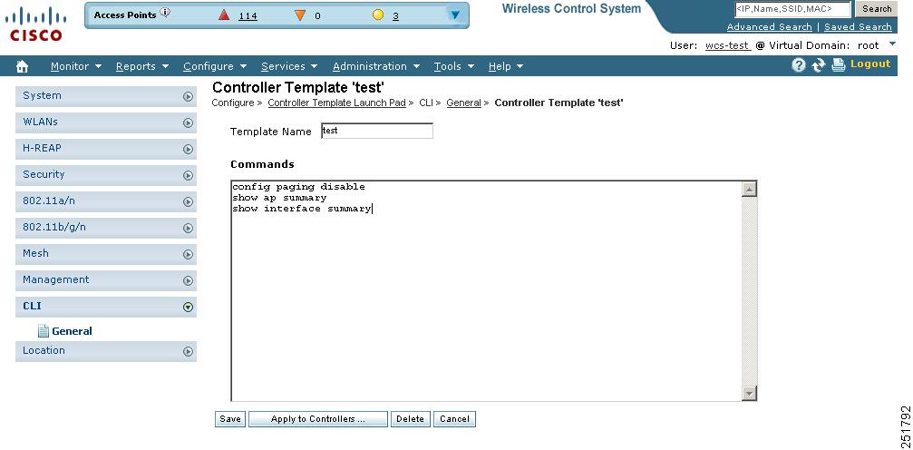 Chapter 12 Applying a Set of CLI Commands Applying a Set of CLI Commands You can create templates containing a set of CLI commands and apply them to one or more controllers from WCS.