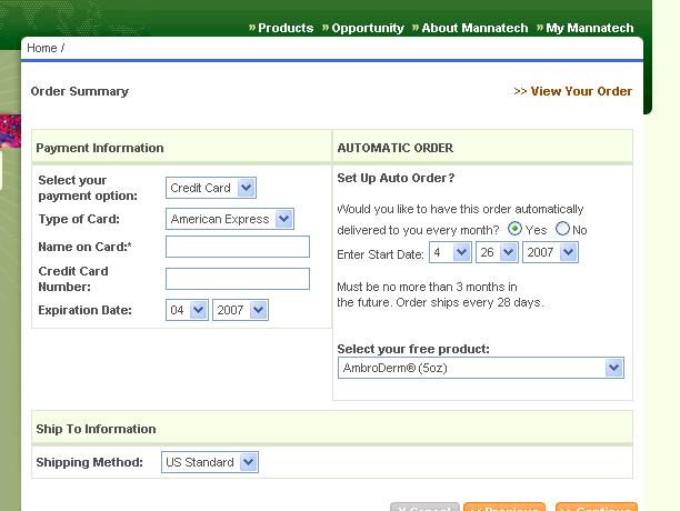 You are now asked for the Payment Information. On this page you have the option to turn this order into an Automatic Order (AO). When you click Yes, you have the option to set up your Automatic Order.