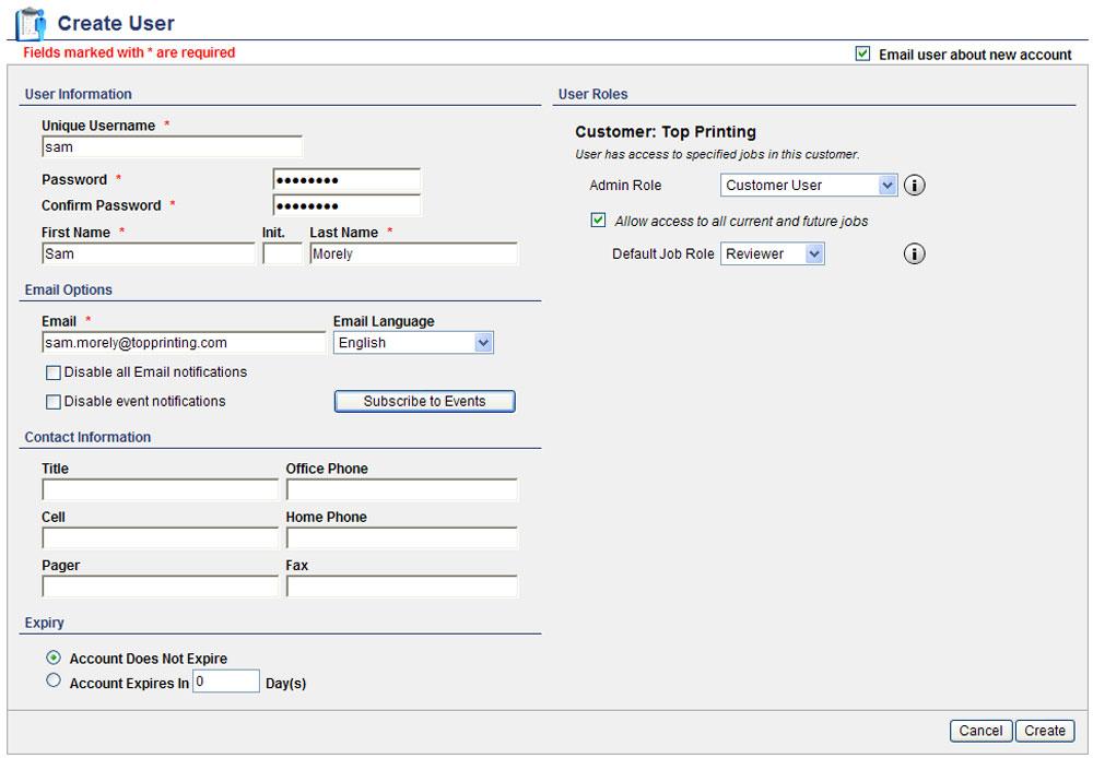 16 InSite Prepress Portal 5.0 Customer Quick Start Guide 3. Type the user information and assign roles to the user. If required, set the expiration date and job access, and click Create.
