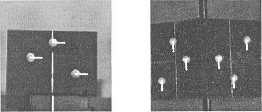 The the location of the fiducial, bright spots in CT image, were projected into the video image, second and third columns.
