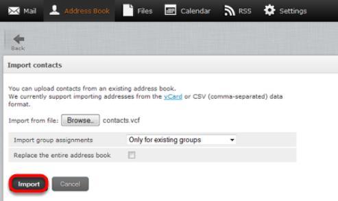 The Replace the entire address book checkbox lets you delete all contacts from the selected address book