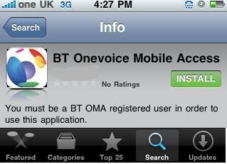 Over the Air activation - 3 Once the user clicks on the SMS link, they will see the BT Onevoice Mobile Access Info page in itunes.