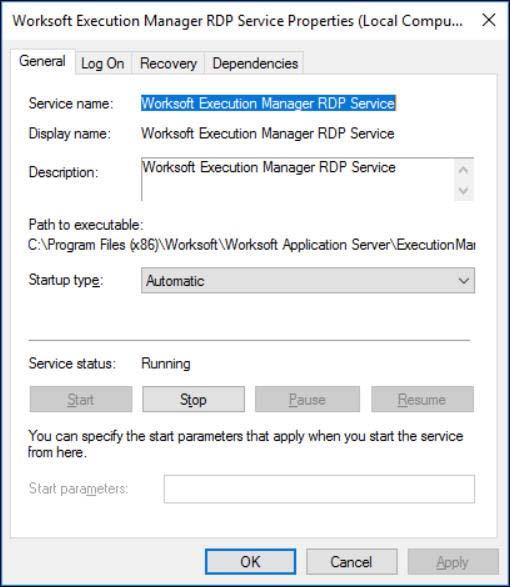 Disabling Worksoft Execution Manager Suite Windows Services The Properties dialog box opens. 5 In the Startup Type drop-down list, select Disabled.