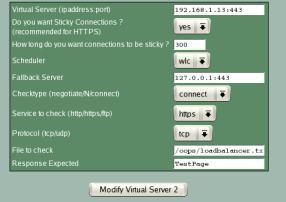 The modify virtual server has several more options that have been filled in by default when you added the virtual server. Here you can modify : The virtual ip address and port.