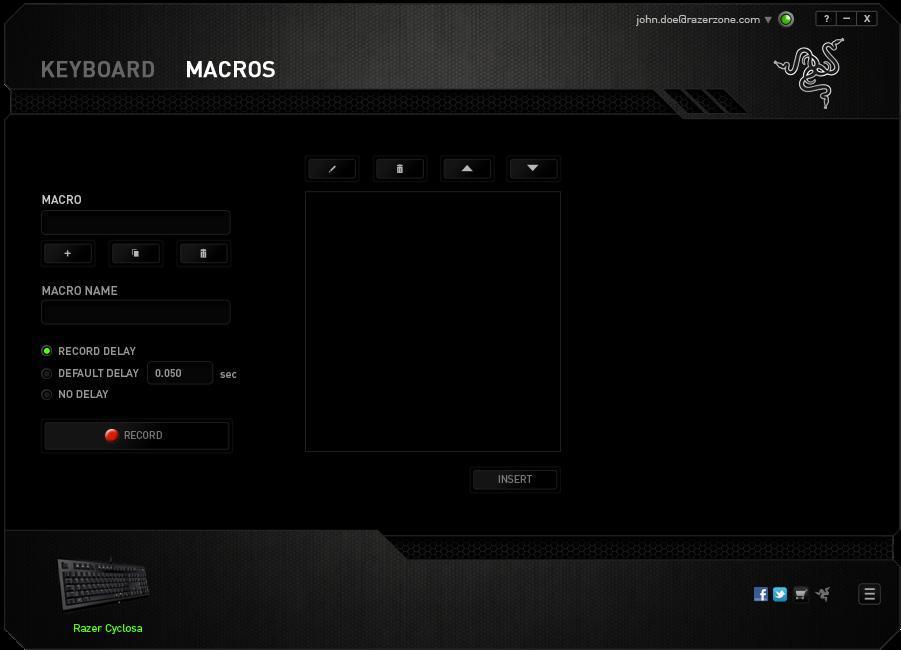 To create a macro command, simply click the button and all your keystrokes and button presses will automatically register on the macro screen.