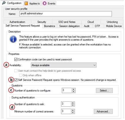 3. Click the Self Service Password Request tab and complete the tabbed panel as detailed below. a. In the Availability drop-down list, select Always available. b. Select the Self Service Password Request opens Windows session check box.