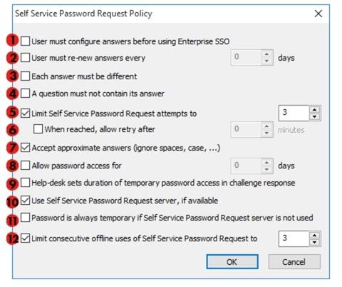 Option Description Forces the user to set his/her questions and answers before he/she can use Enterprise SSO on his/her workstation.