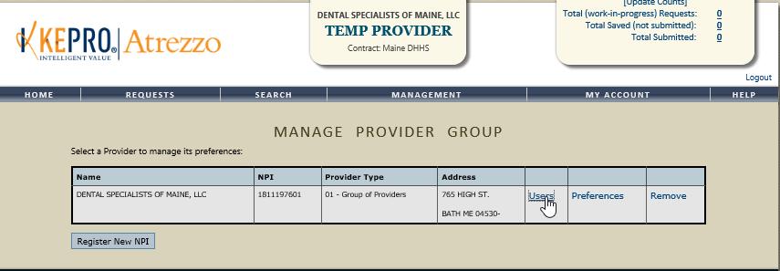 1. Select Manage Providers and Preferences. 2. Select the Users link associated with the appropriate NPI number. 3. A list of users associated with the selected NPI number displays.