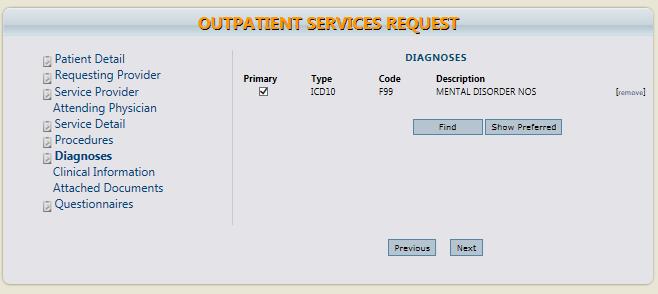 Find and select the correct diagnosis code. Enter the appropriate diagnosis and click on Next to proceed. - The diagnosis must be filled in (mandatory) or the software will not let you submit the CSR.