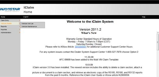 STUDY GUIDE iclaim: Submitting Claims in iclaim: An Overview Lesson 2: iclaim Home Screen Overview Vehicle Master The Vehicle Master menu contains your dealership information that has been uploaded