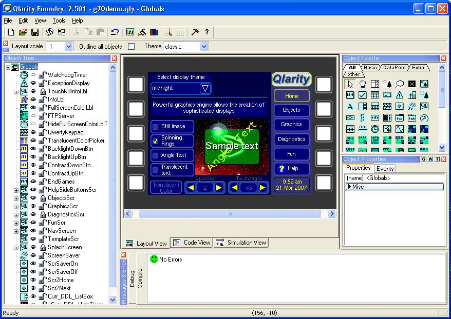 60 OptoTerminal Qlarity Foundry User s Manual All four windows are open by default. If one is inadvertently closed, you can open it from the View menu.