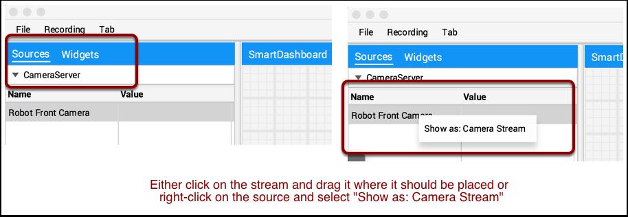 Displaying camera streams Camera streams from the robot can be viewed on a tab in Shuffleboard.