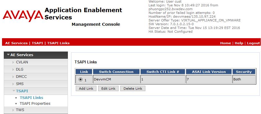 6.3. Administer TSAPI Link To administer a TSAPI link, select AE Services TSAPI TSAPI Links from the left pane. The TSAPI Links screen is displayed, as shown below.