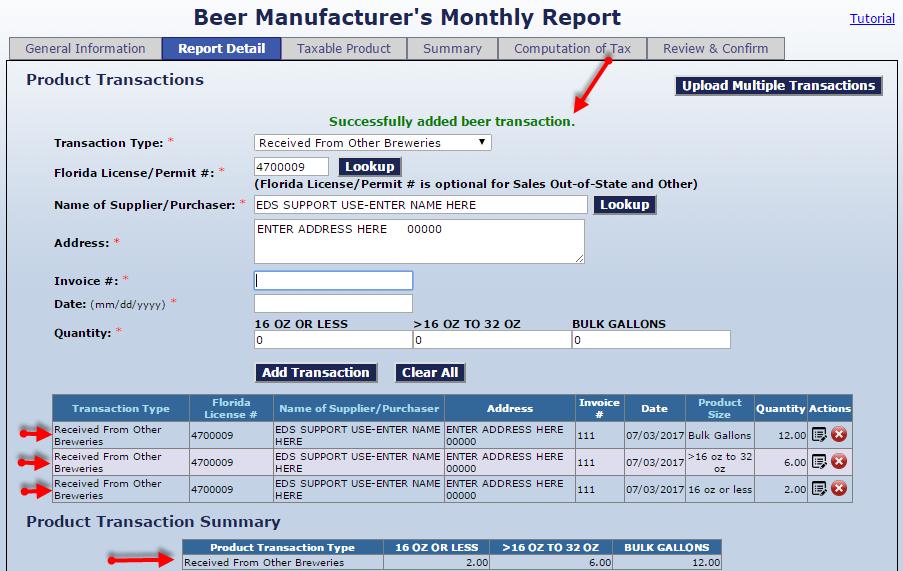 Adding a Transaction Once the required data have been entered, select the Add Transaction button. If all data have been entered correctly, then a message stating, Successfully added beer transaction.