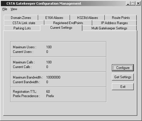 2.9.3 Displaying Current Settings and Configuring Optional Values The Current Settings tab contains optional values you can set for the CSTA Gatekeeper, along with details of current use: For